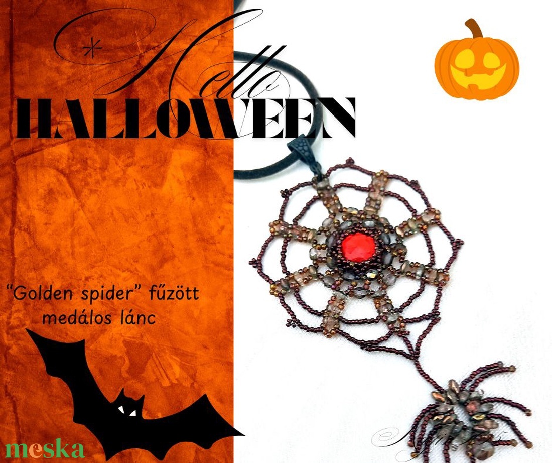 Aranypók gyöngyfűzött pókot és pókhálót szimbolizáló medálos nyaklánc, Halloweenra - ékszer - nyaklánc - medálos nyaklánc - Meska.hu