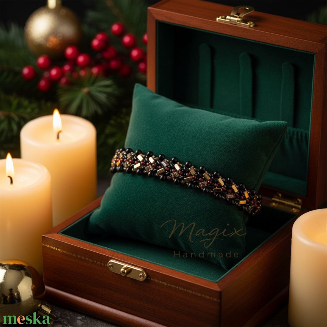 Fekete fenyő alkalmi karkötő formagyöngyökből - ékszer - karkötő - gyöngyös karkötő - Meska.hu