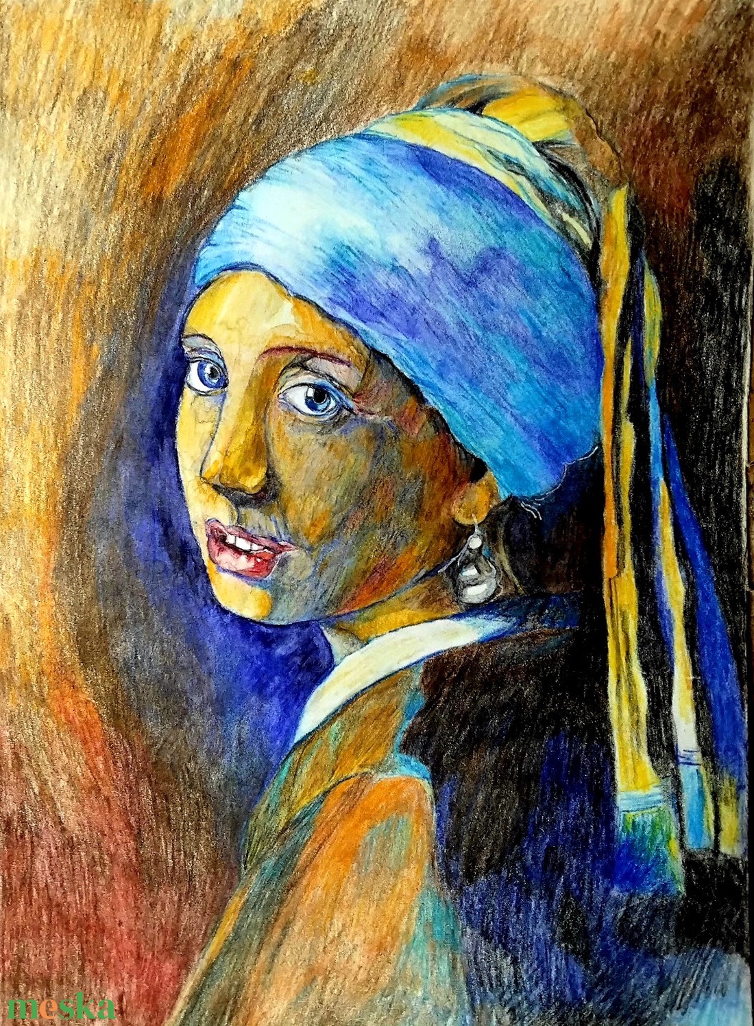 Lány gyöngy fülbevalóval replika expresszionista stílusban, akvarell ceruzával, A4 - művészet - grafika & illusztráció - egyéb rajzok - Meska.hu
