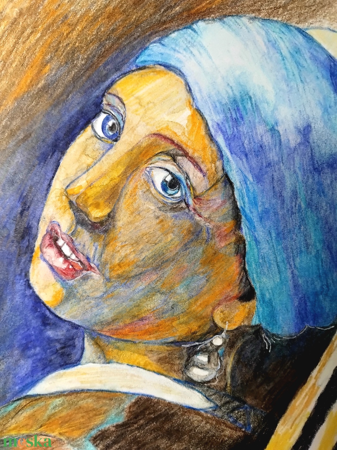 Lány gyöngy fülbevalóval replika expresszionista stílusban, akvarell ceruzával, A4 - művészet - grafika & illusztráció - egyéb rajzok - Meska.hu