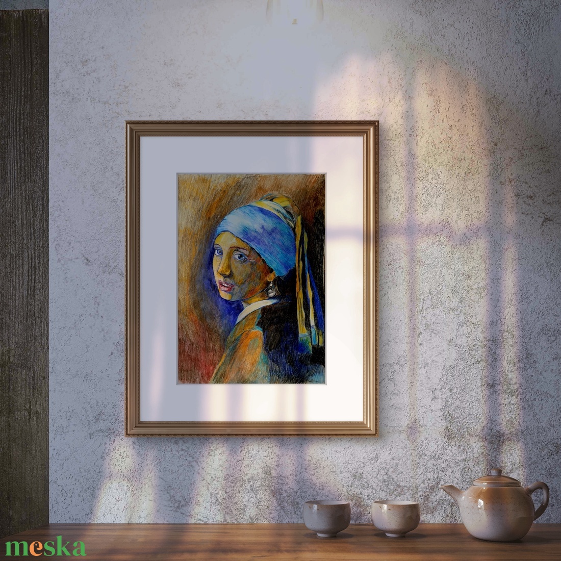 Lány gyöngy fülbevalóval replika expresszionista stílusban, akvarell ceruzával, A4 - művészet - grafika & illusztráció - egyéb rajzok - Meska.hu