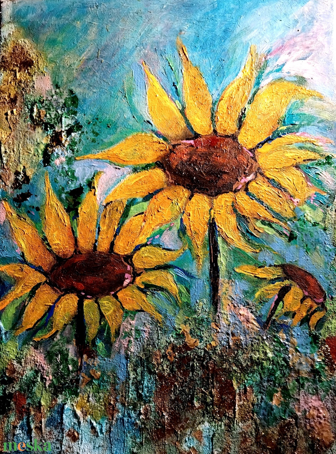 Napraforgók mixed media metálfóliás akril festmény feszített vásznon, 20x30, keret nélkül - művészet - festmény - festmény vegyes technika - Meska.hu