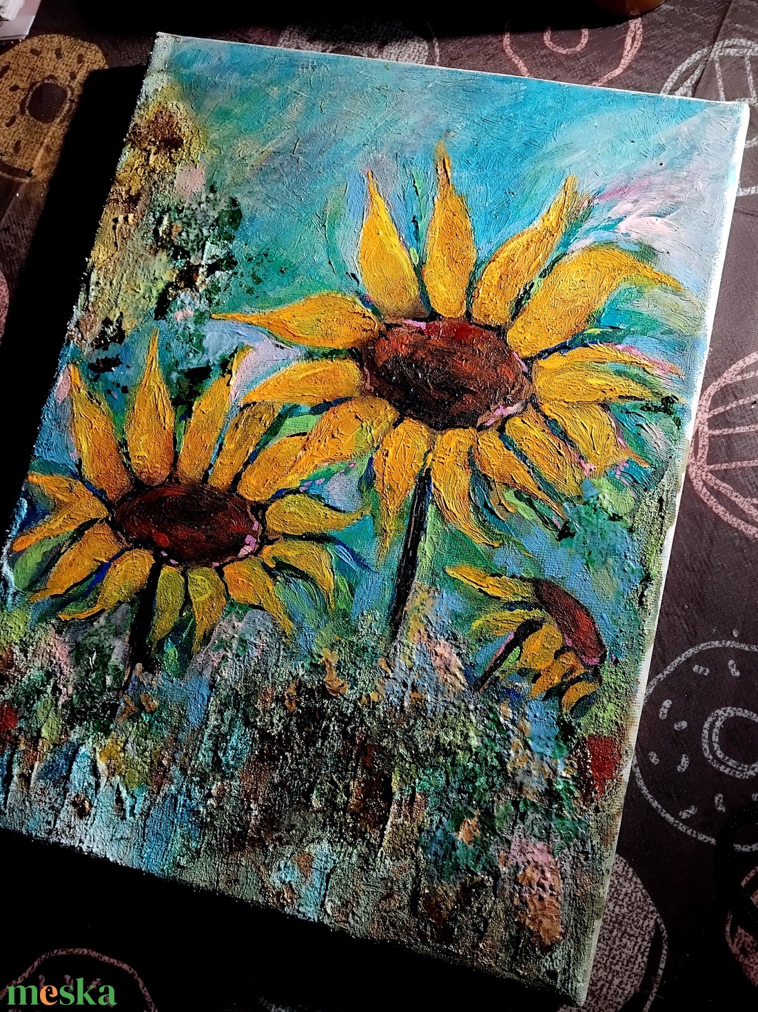 Napraforgók mixed media metálfóliás akril festmény feszített vásznon, 20x30, keret nélkül - művészet - festmény - festmény vegyes technika - Meska.hu