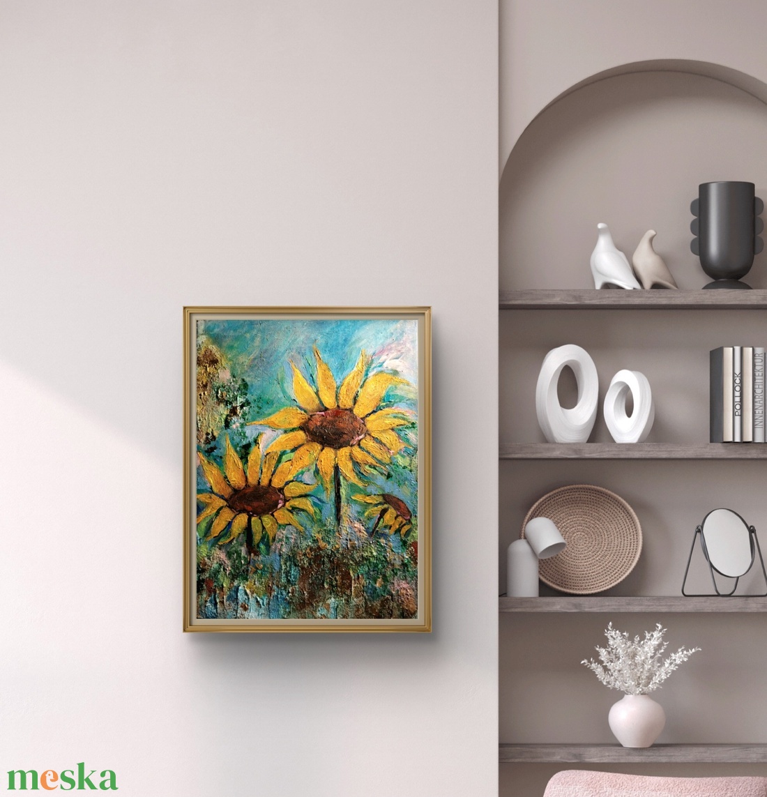 Napraforgók mixed media metálfóliás akril festmény feszített vásznon, 20x30, keret nélkül - művészet - festmény - festmény vegyes technika - Meska.hu