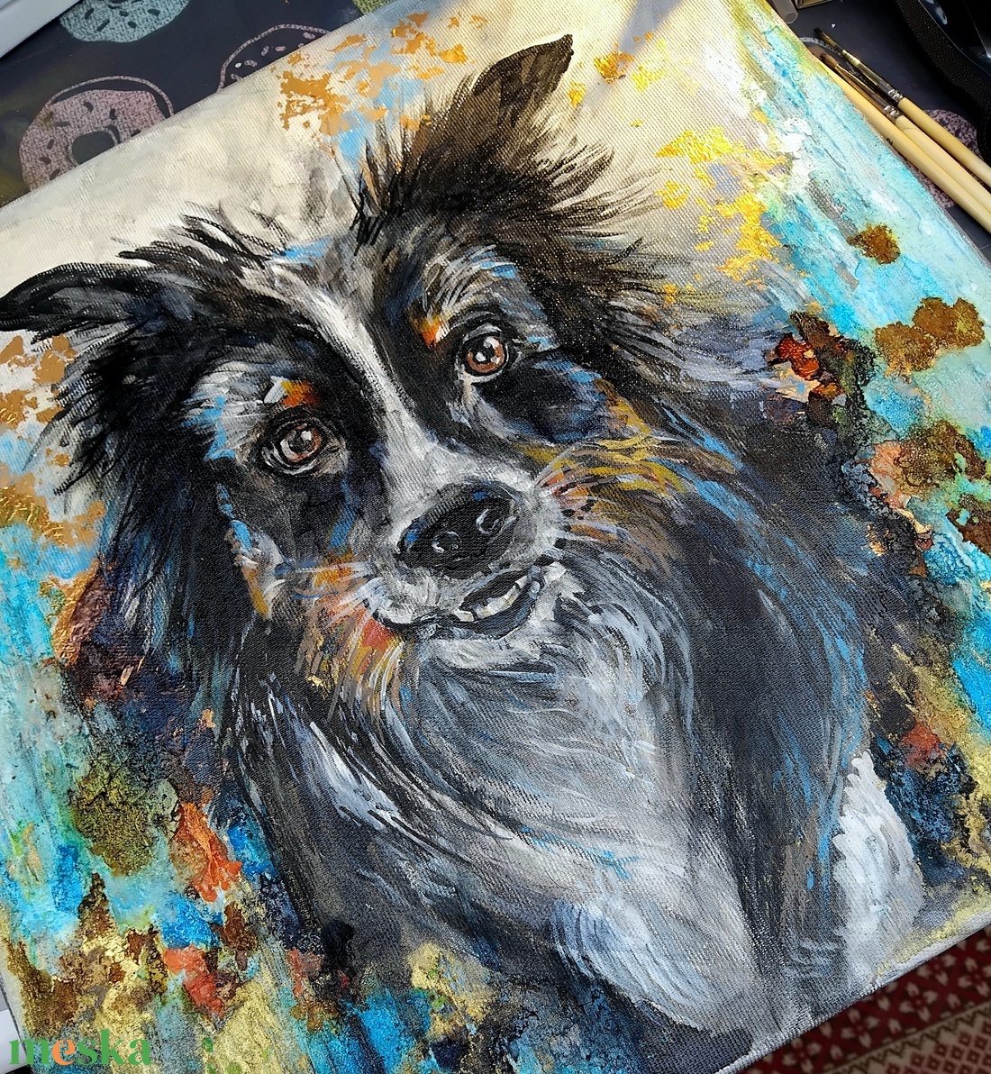 A kutya neve: Sly mixed media akril festmény; 40x40; keret nélkül - művészet - festmény - festmény vegyes technika - Meska.hu