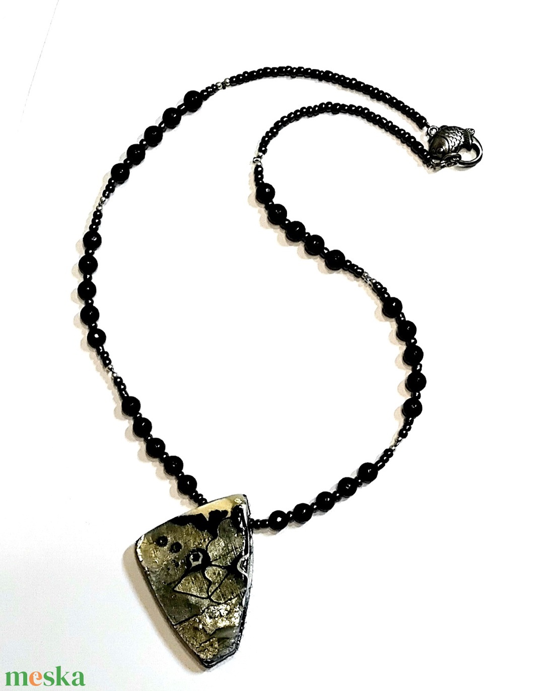 Ezüst pillanatok mokume gane polymer clay medálgyöngyös nyaklánc ónixgyöngyös láncon - ékszer - nyaklánc - medálos nyaklánc - Meska.hu