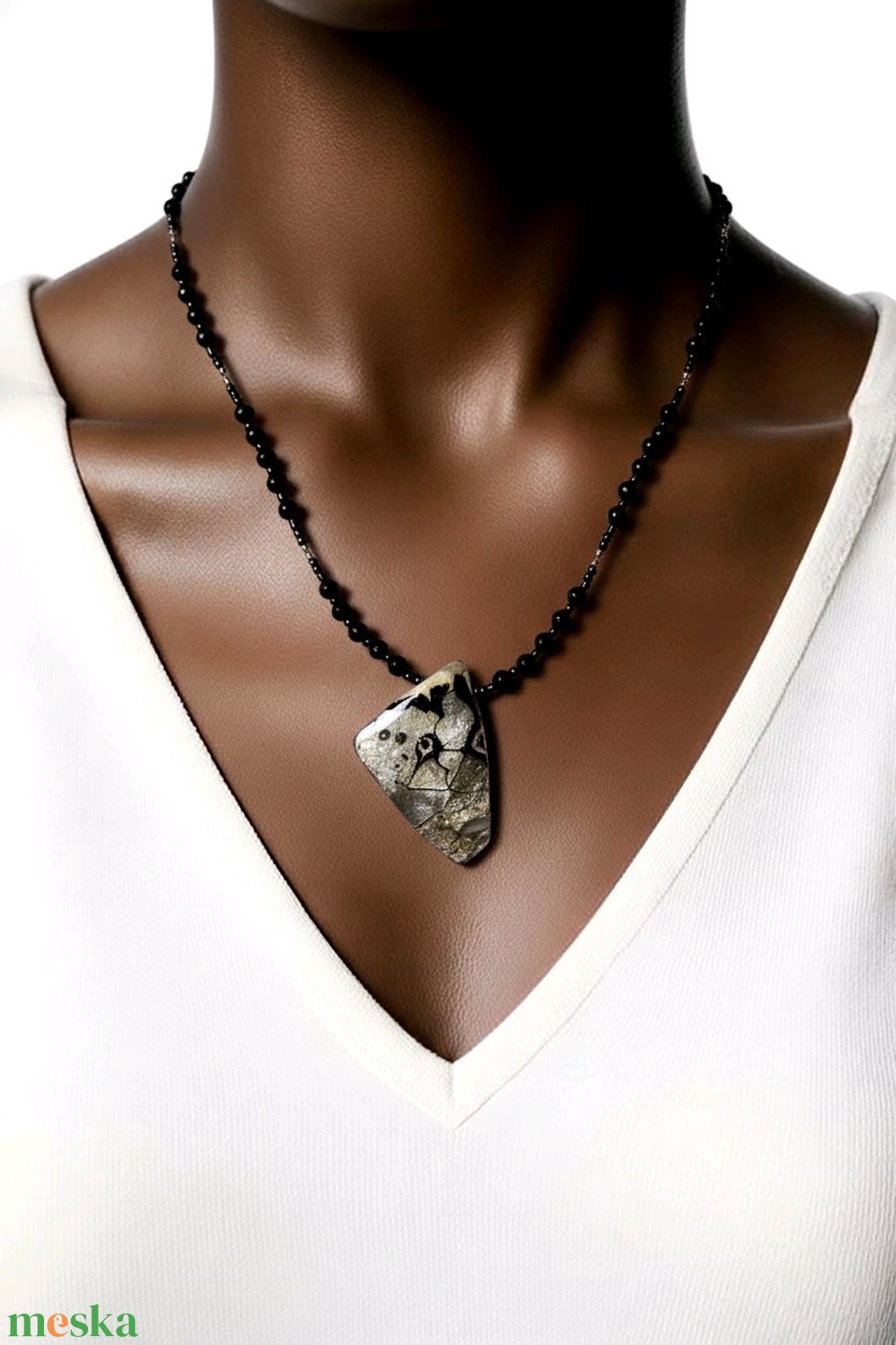 Ezüst pillanatok mokume gane polymer clay medálgyöngyös nyaklánc ónixgyöngyös láncon - ékszer - nyaklánc - medálos nyaklánc - Meska.hu