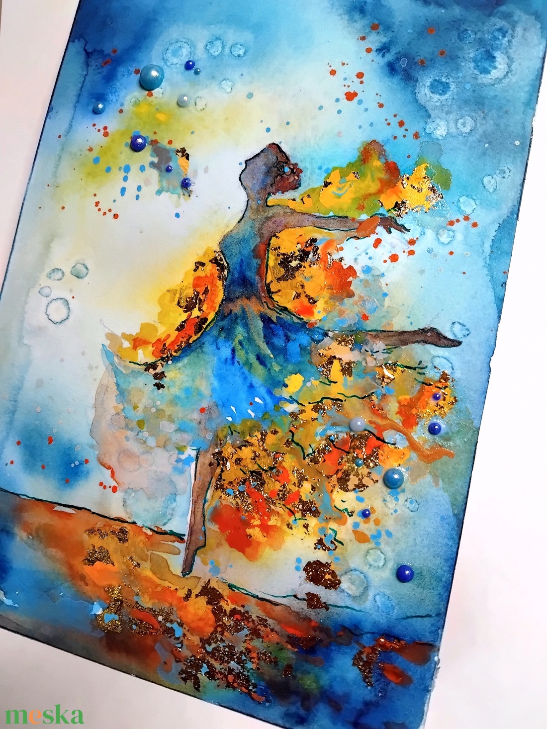 A táncos akvarell festmény arany füstfóliával, A5-ös, keret nélkül - művészet - festmény - akvarell - Meska.hu