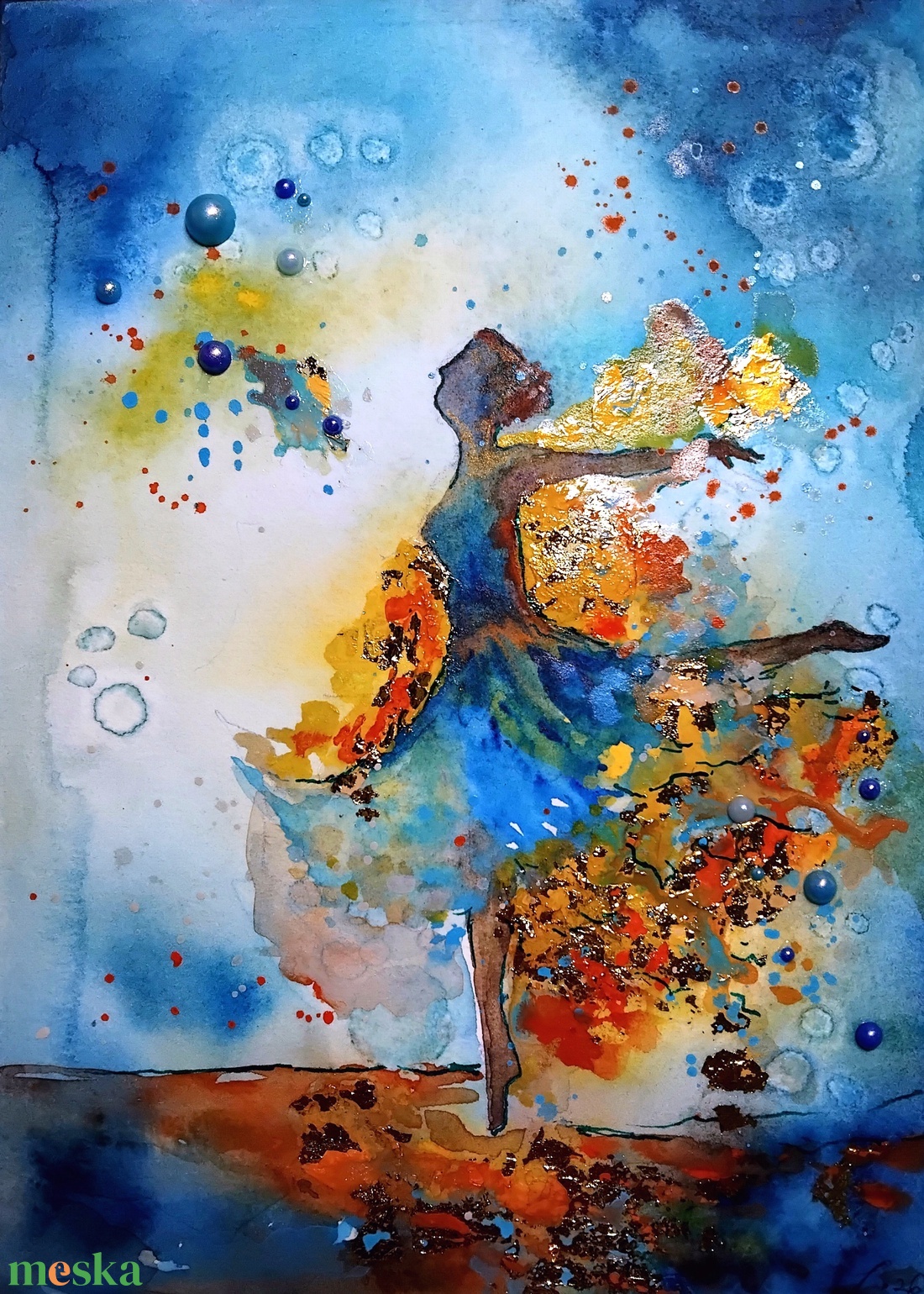 A táncos akvarell festmény arany füstfóliával, A5-ös, keret nélkül - művészet - festmény - akvarell - Meska.hu