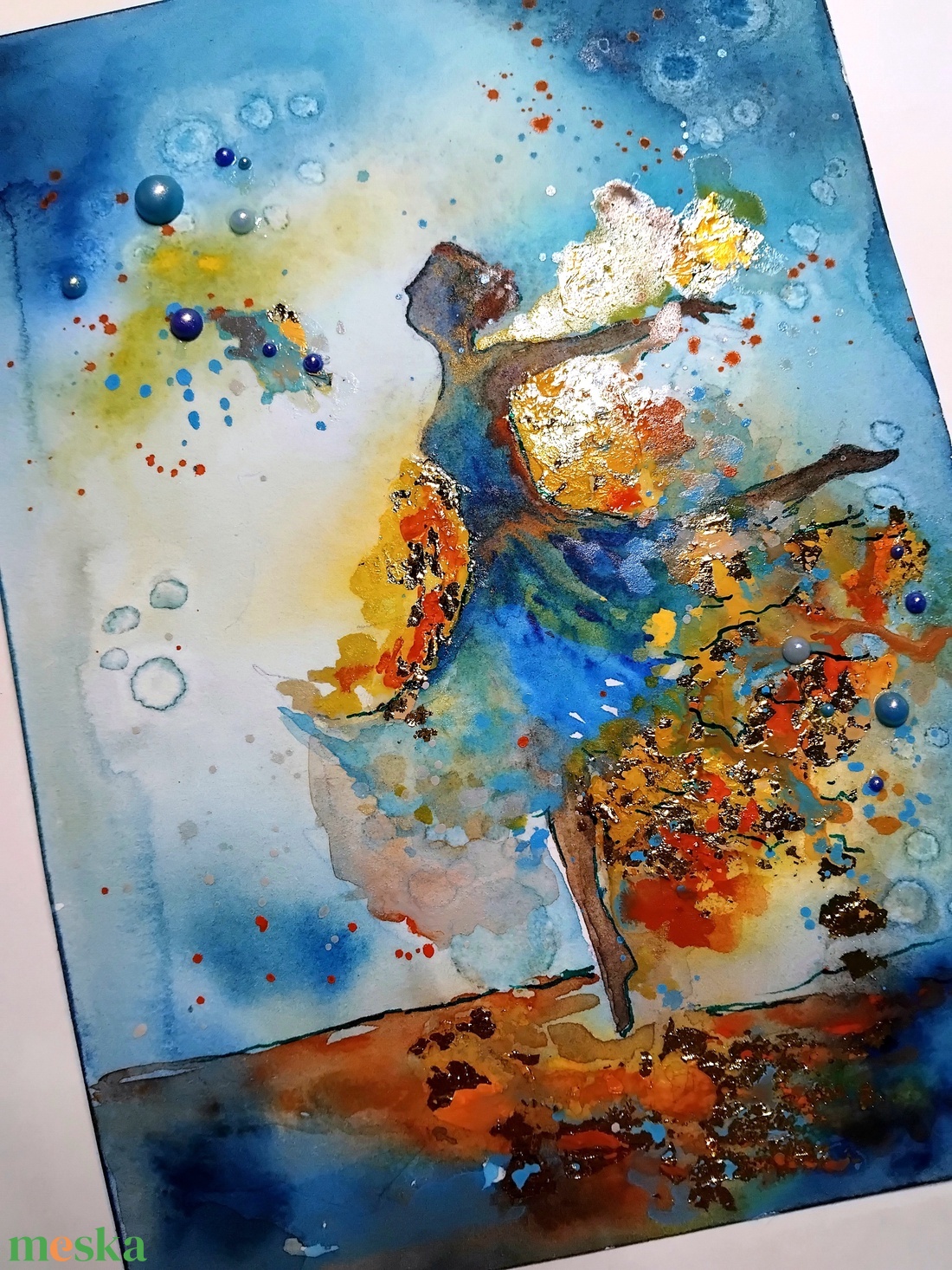 A táncos akvarell festmény arany füstfóliával, A5-ös, keret nélkül - művészet - festmény - akvarell - Meska.hu