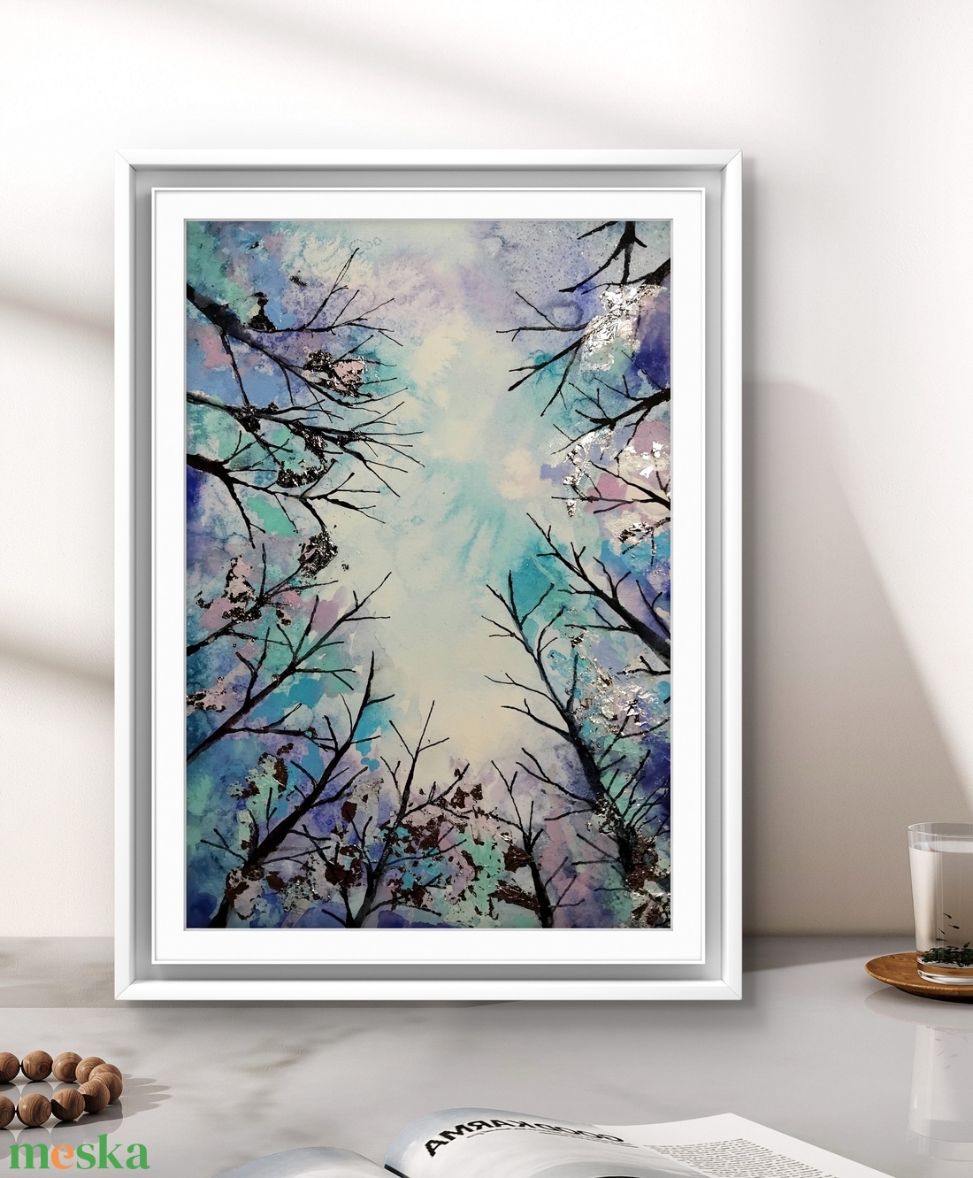 Téli fák akvarell festmény ezüst füstfóliával, A5-ös, keret nélkül - művészet - festmény - akvarell - Meska.hu