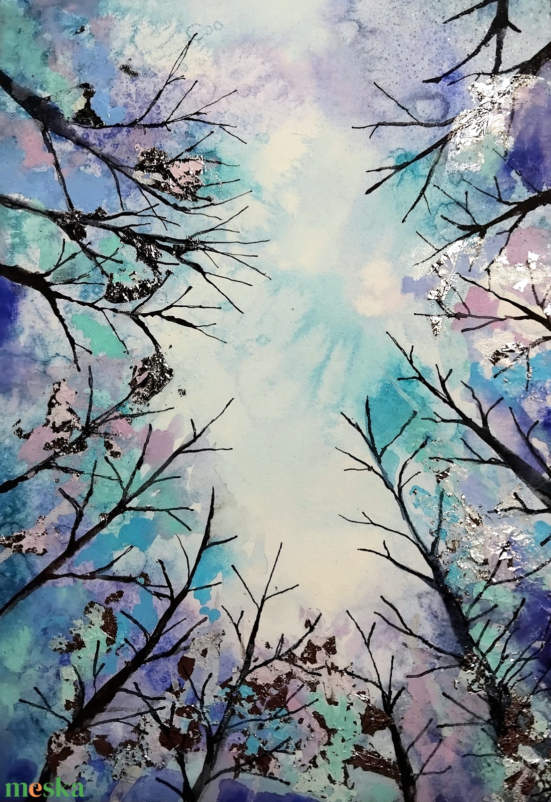 Téli fák akvarell festmény ezüst füstfóliával, A5-ös, keret nélkül - művészet - festmény - akvarell - Meska.hu