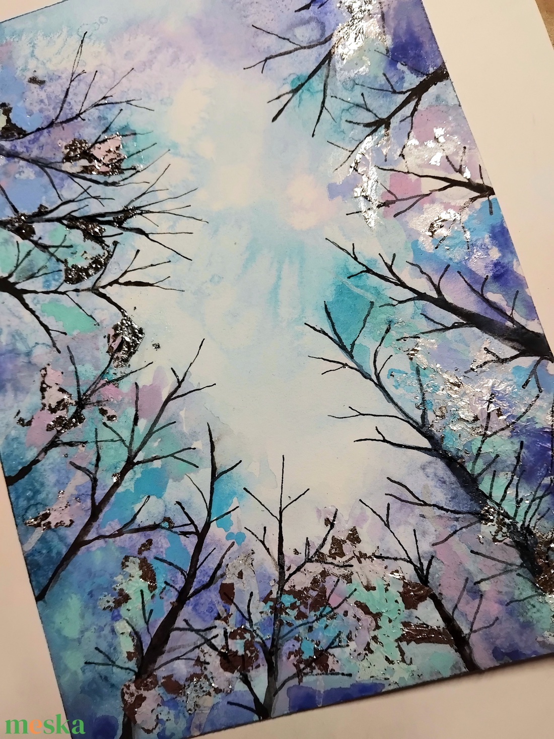 Téli fák akvarell festmény ezüst füstfóliával, A5-ös, keret nélkül - művészet - festmény - akvarell - Meska.hu