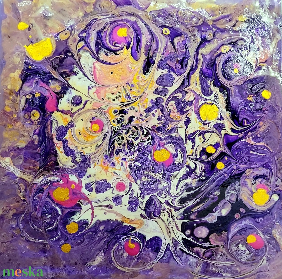 Olvadás pouring akril festmény vastag MDF lapon, akasztó és keret nélkül, 25x25 cm-es - művészet - festmény - akril - Meska.hu