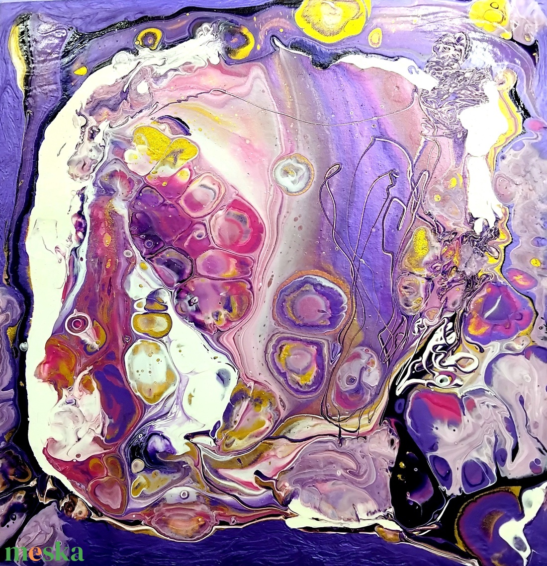 Olvadás 2. pouring akril festmény vastag MDF lapon, akasztó és keret nélkül, 25x25 cm-es - művészet - festmény - akril - Meska.hu