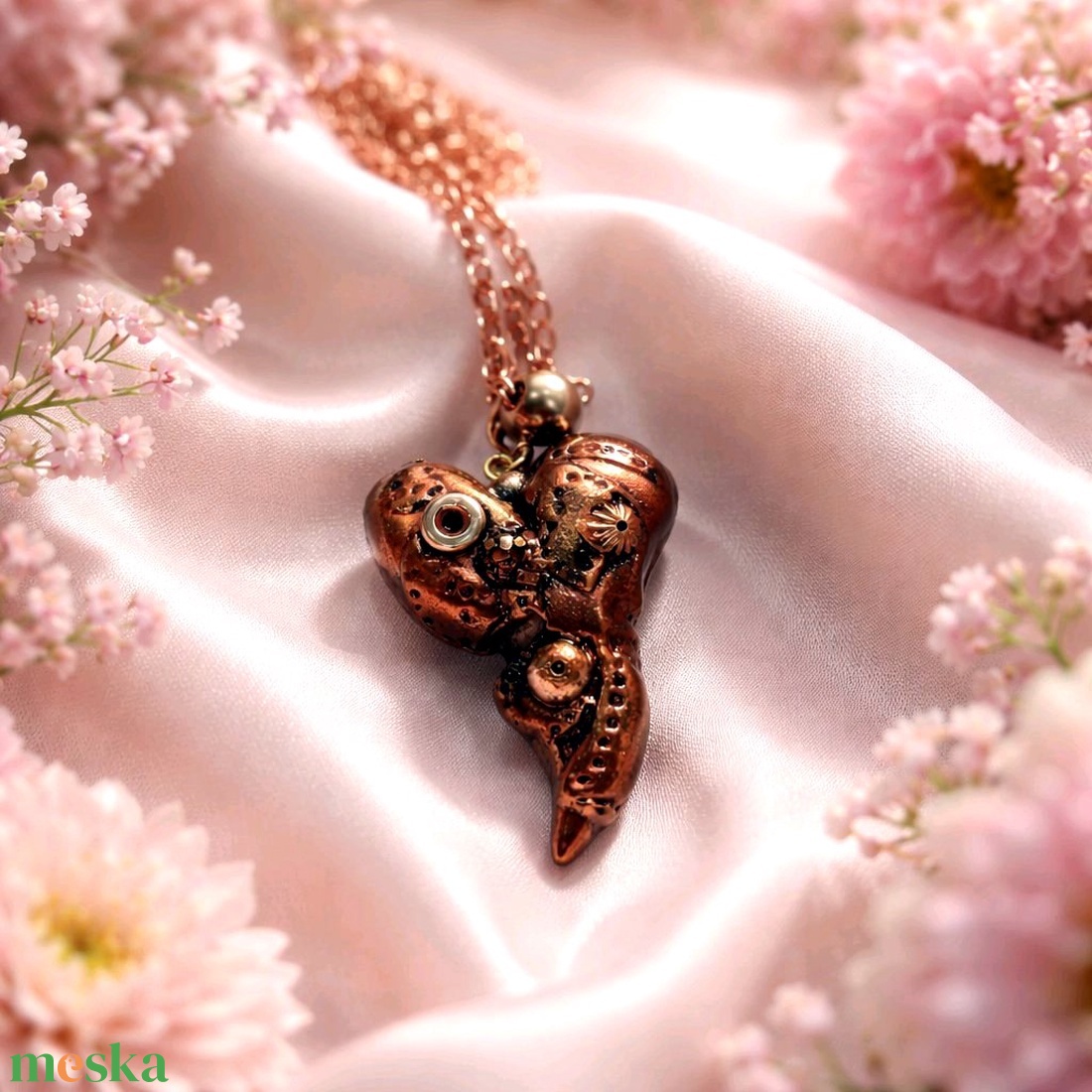 Valentin napi steampunk szív medál rózsaarany medálvezetőn, nemesacél réz színű láncon - ékszer - nyaklánc - medálos nyaklánc - Meska.hu