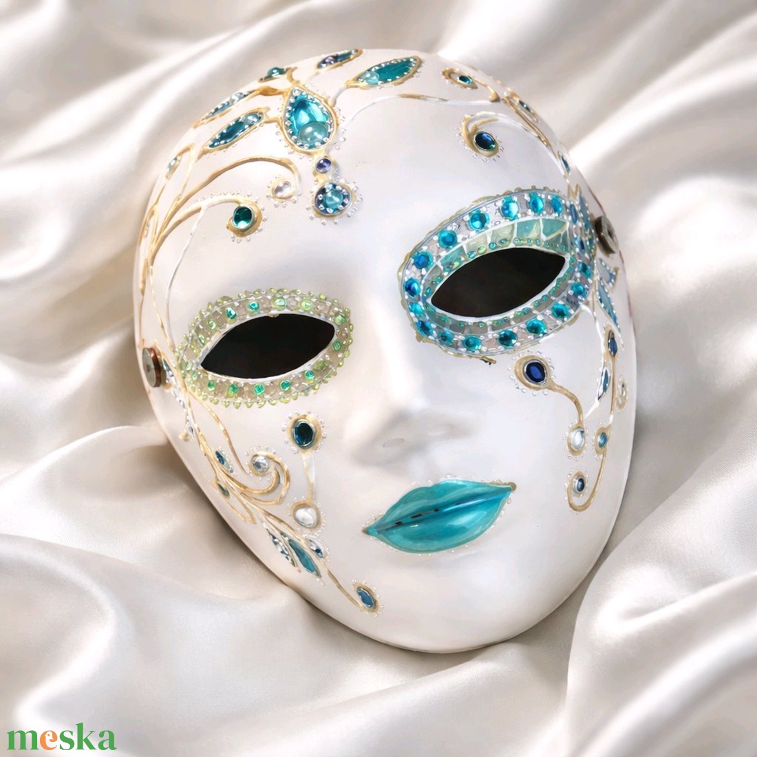 Velencei álarc Kék Harlekin, kézzel festett papírmaszk, dísz, hordható, felnőtt - ruha & divat - jelmez & álarc - álarc - Meska.hu