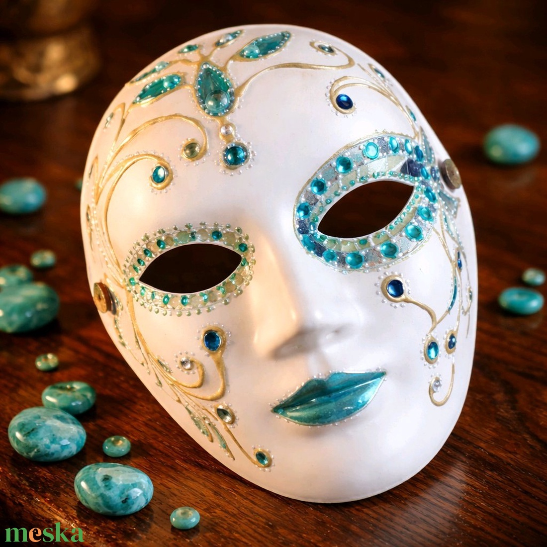 Velencei álarc Kék Harlekin, kézzel festett papírmaszk, dísz, hordható, felnőtt - ruha & divat - jelmez & álarc - álarc - Meska.hu