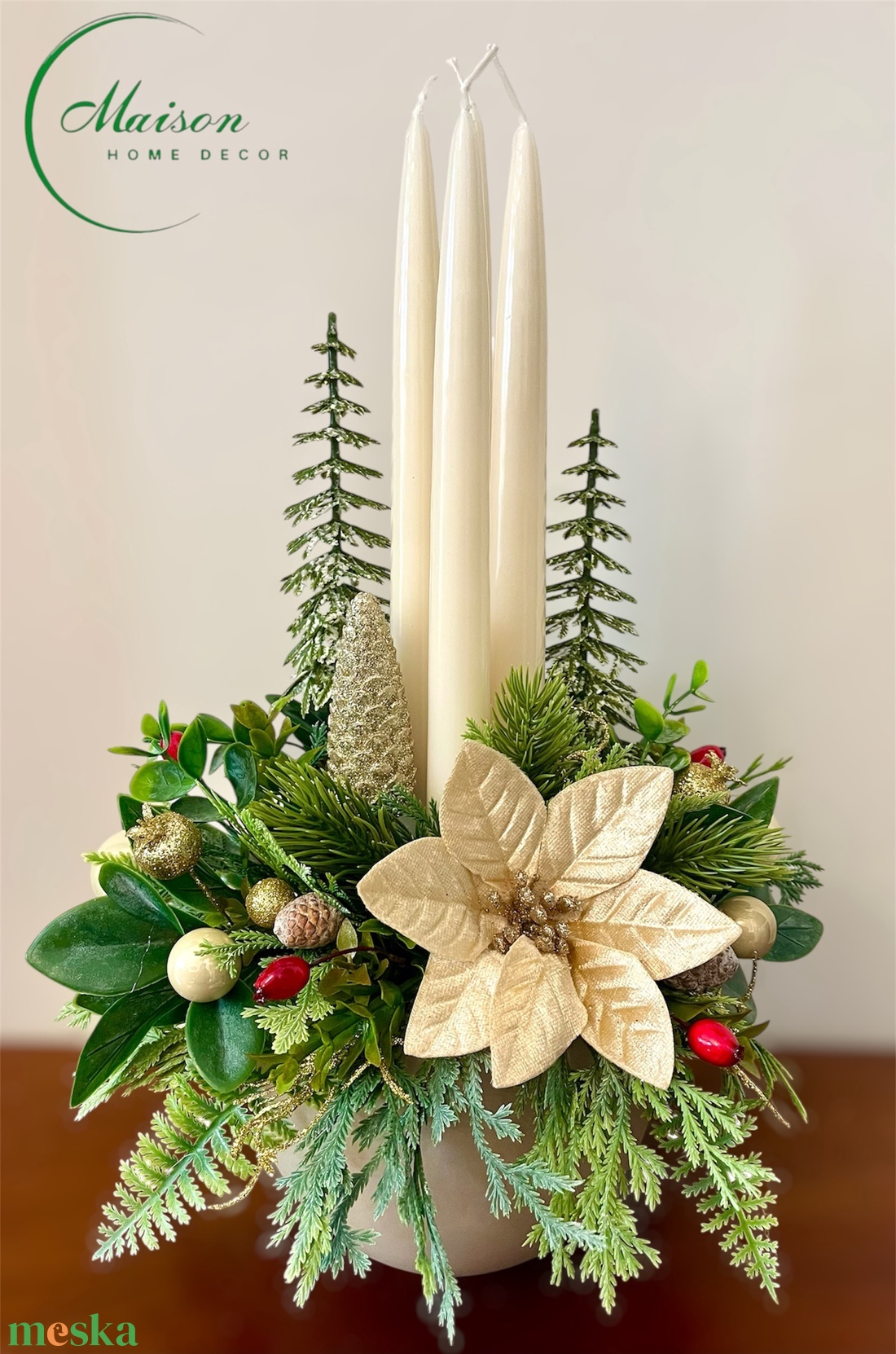 Krém-arany adventi, karácsonyi asztaldísz - karácsony - adventi díszek - adventi asztaldísz - Meska.hu