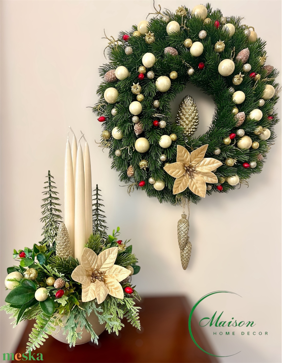 Krém-arany adventi, karácsonyi asztaldísz - karácsony - adventi díszek - adventi asztaldísz - Meska.hu