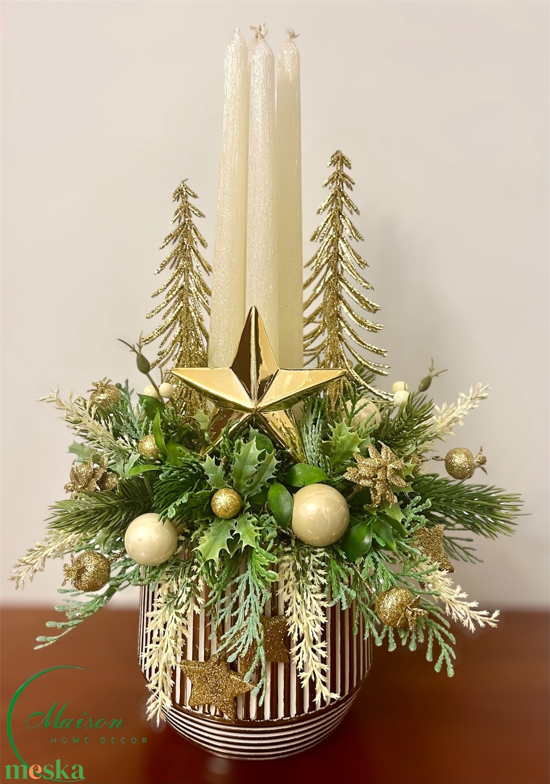 Adventi, karácsonyi asztaldísz krém-arany színben - karácsony - adventi díszek - adventi asztaldísz - Meska.hu