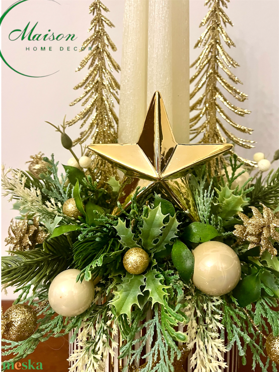 Adventi, karácsonyi asztaldísz krém-arany színben - karácsony - adventi díszek - adventi asztaldísz - Meska.hu