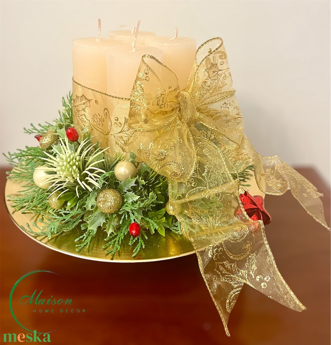 Adventi, karácsonyi asztaldísz arany masnival - karácsony - adventi díszek - adventi asztaldísz - Meska.hu