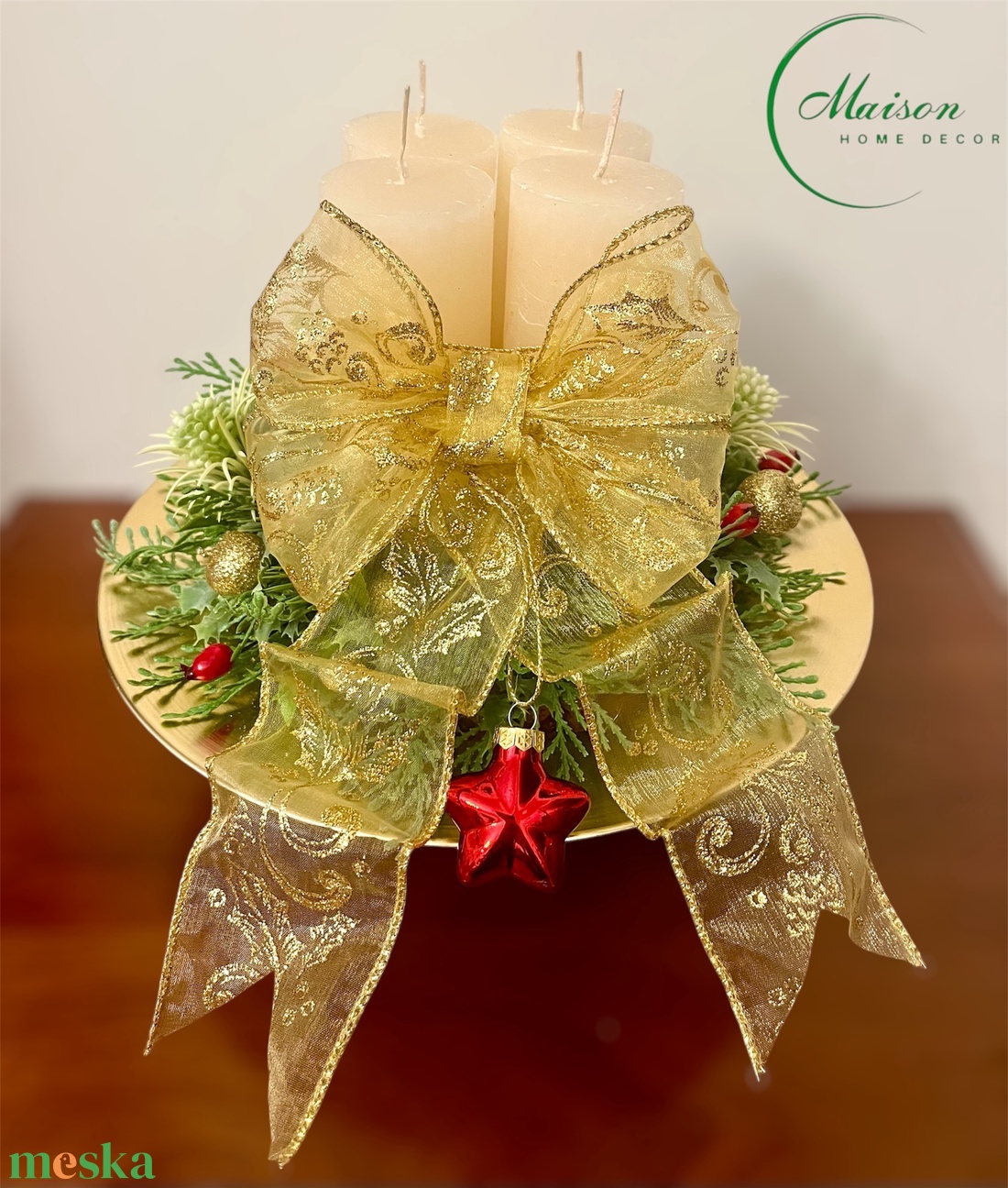 Adventi, karácsonyi asztaldísz arany masnival - karácsony - adventi díszek - adventi asztaldísz - Meska.hu
