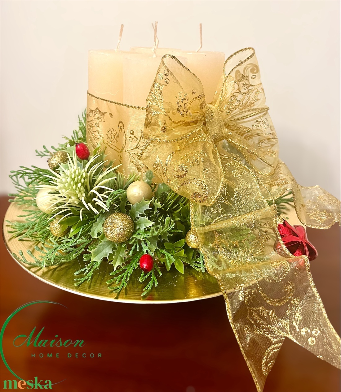Adventi, karácsonyi asztaldísz arany masnival - karácsony - adventi díszek - adventi asztaldísz - Meska.hu