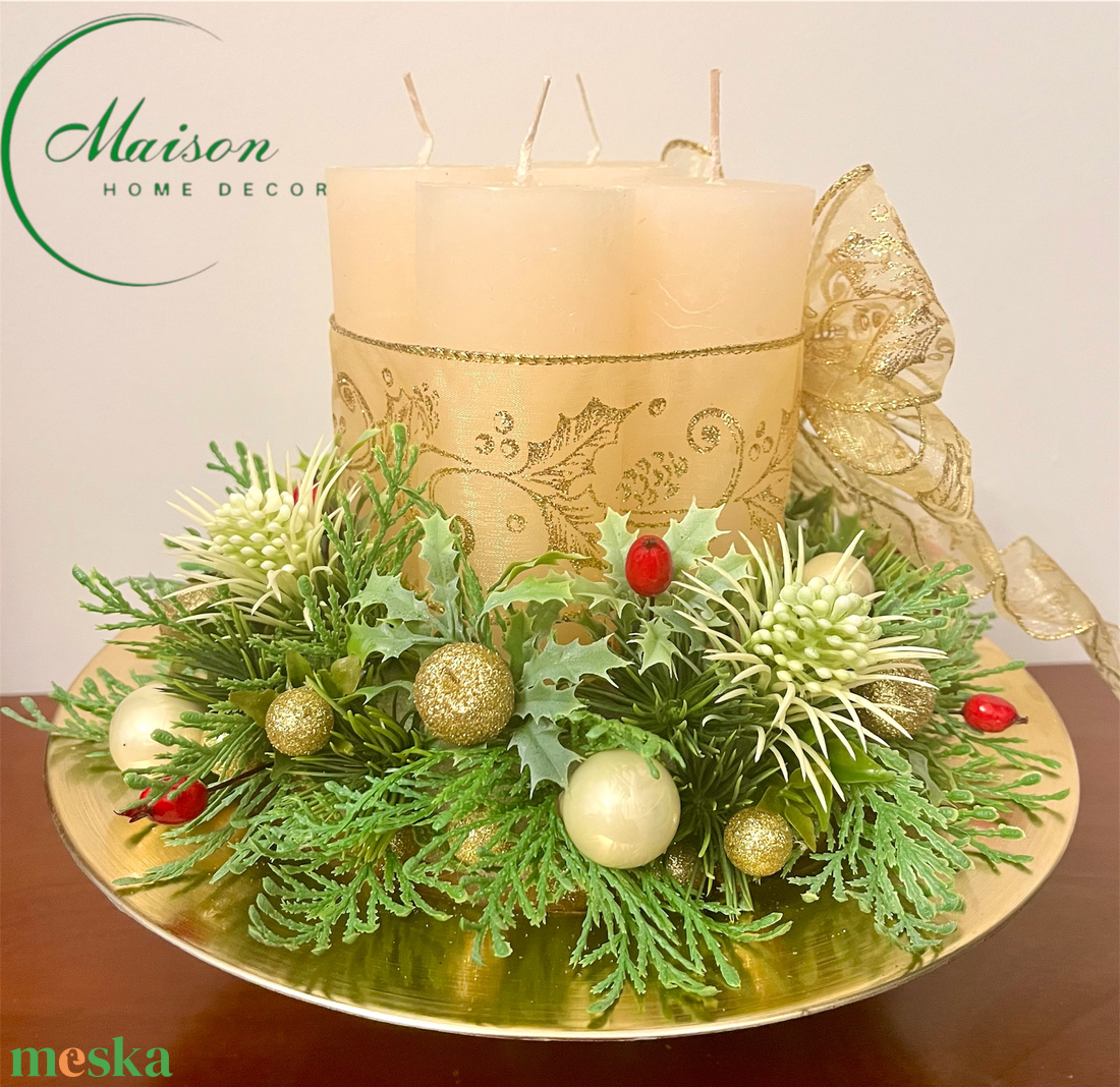 Adventi, karácsonyi asztaldísz arany masnival - karácsony - adventi díszek - adventi asztaldísz - Meska.hu