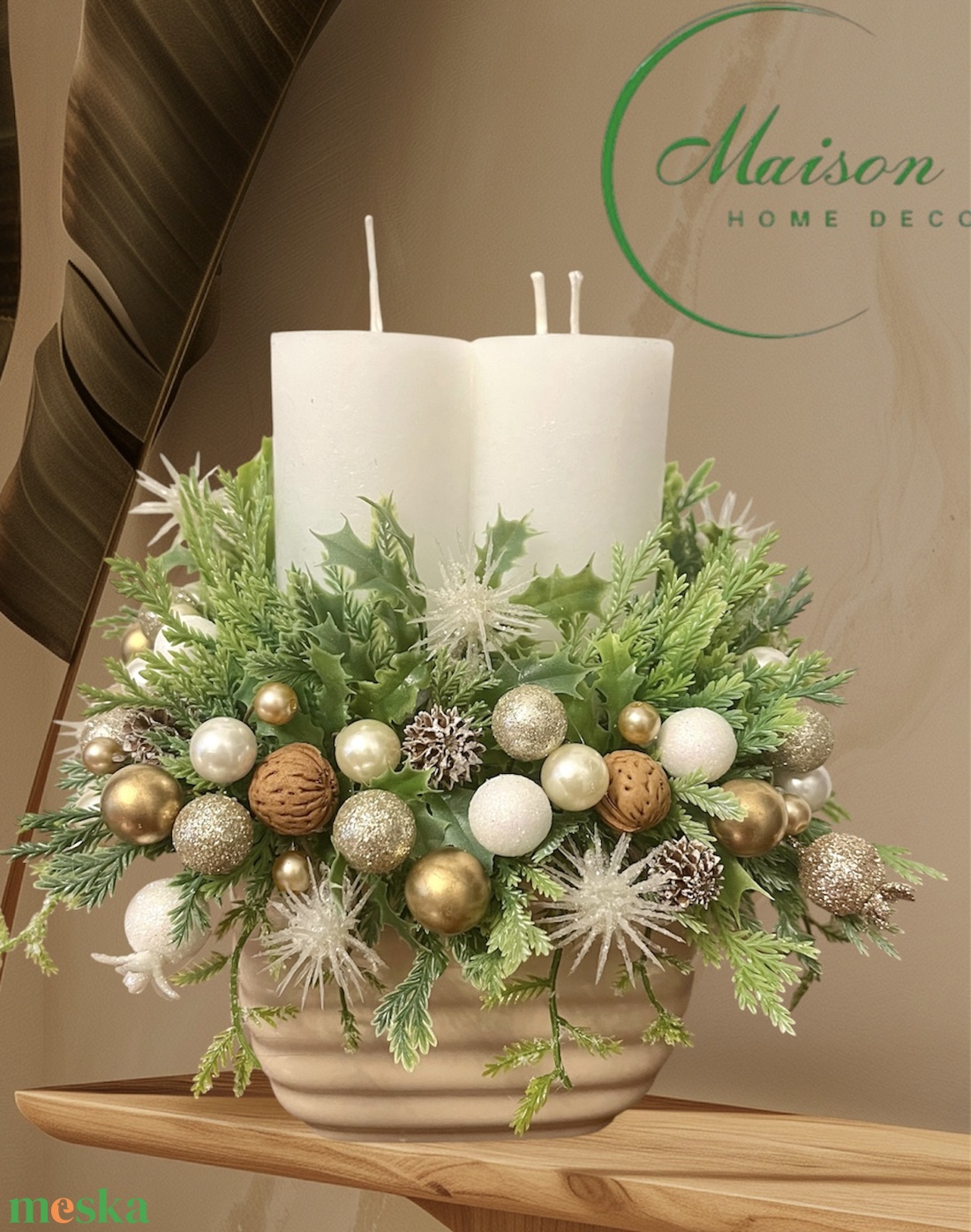 Beige-arany adventi, karácsonyi asztaldísz - karácsony - adventi díszek - adventi asztaldísz - Meska.hu