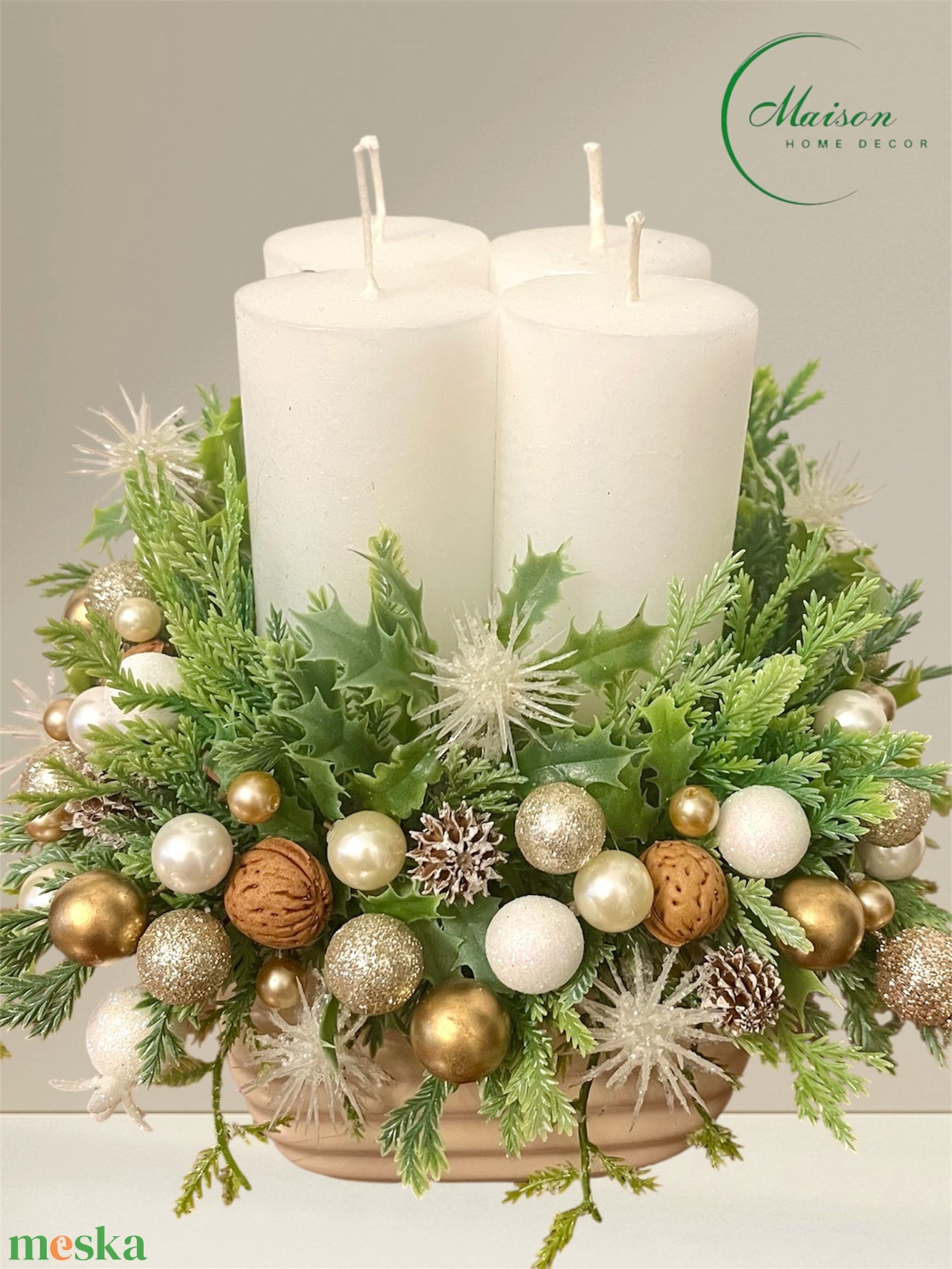 Beige-arany adventi, karácsonyi asztaldísz - karácsony - adventi díszek - adventi asztaldísz - Meska.hu