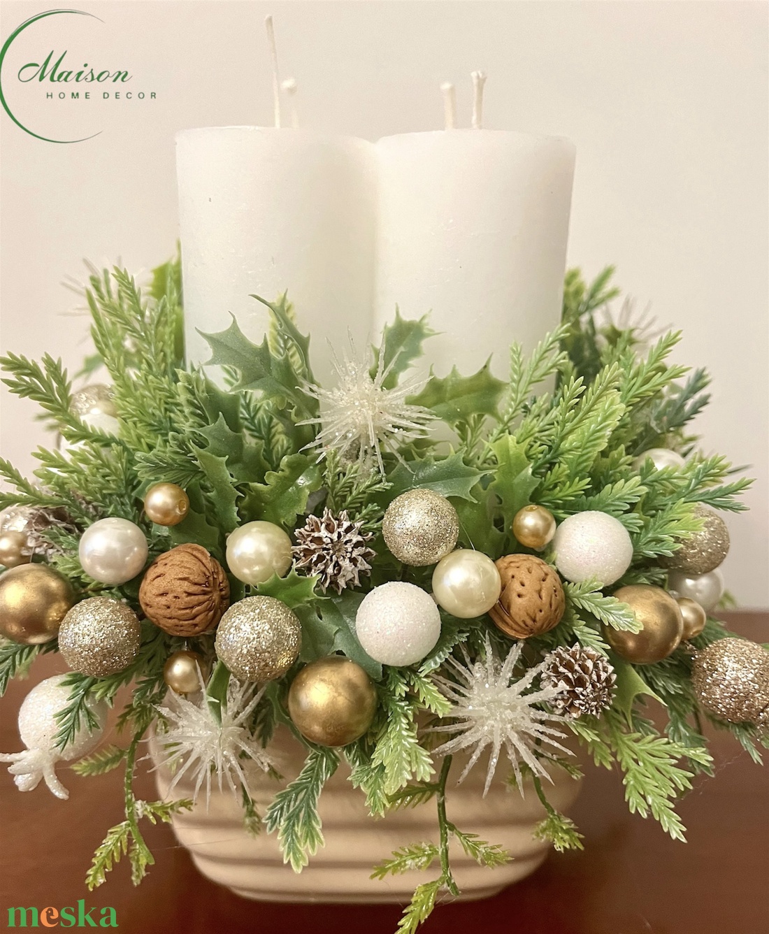 Beige-arany adventi, karácsonyi asztaldísz - karácsony - adventi díszek - adventi asztaldísz - Meska.hu