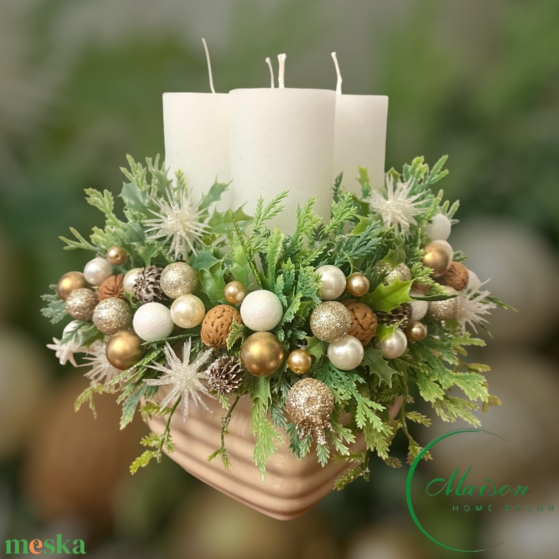 Beige-arany adventi, karácsonyi asztaldísz - karácsony - adventi díszek - adventi asztaldísz - Meska.hu