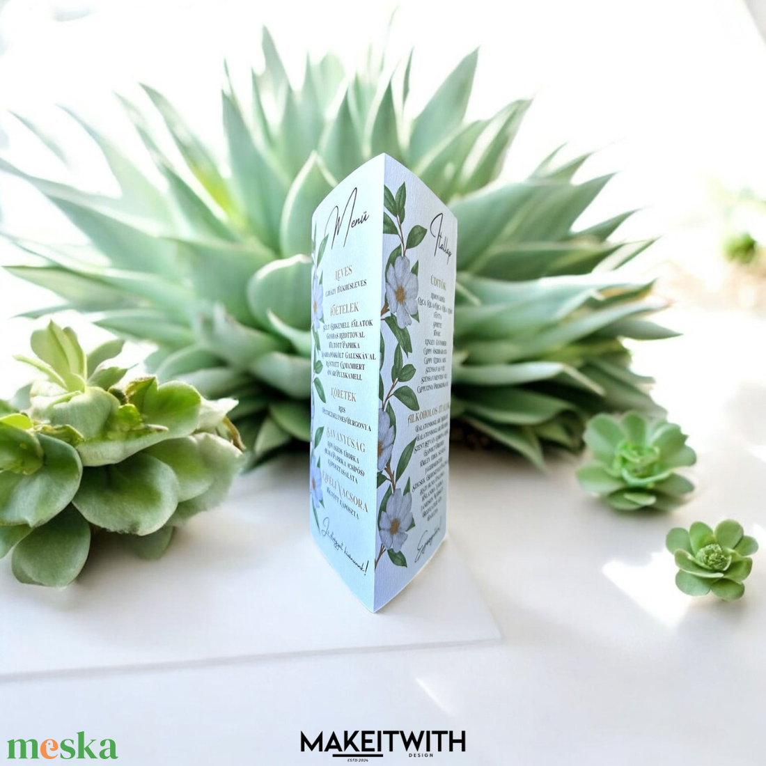 Háromszög Menü/Asztalszám  Greenery - esküvő - meghívó & kártya - menü - Meska.hu