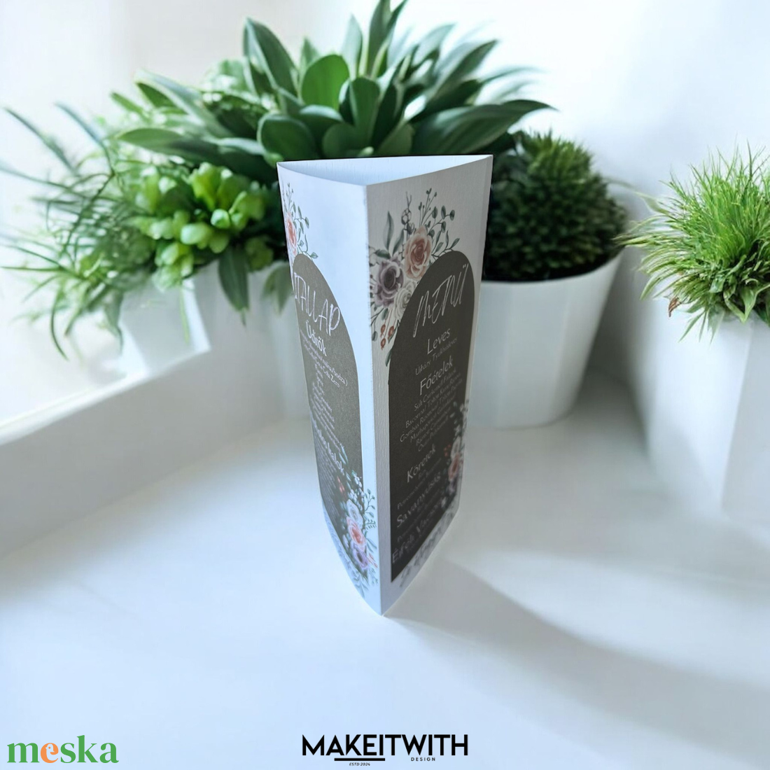 Háromszög Menü/Asztalszám  Elegáns, Rusztikus Vintage Rózsákkal - esküvő - meghívó & kártya - menü - Meska.hu