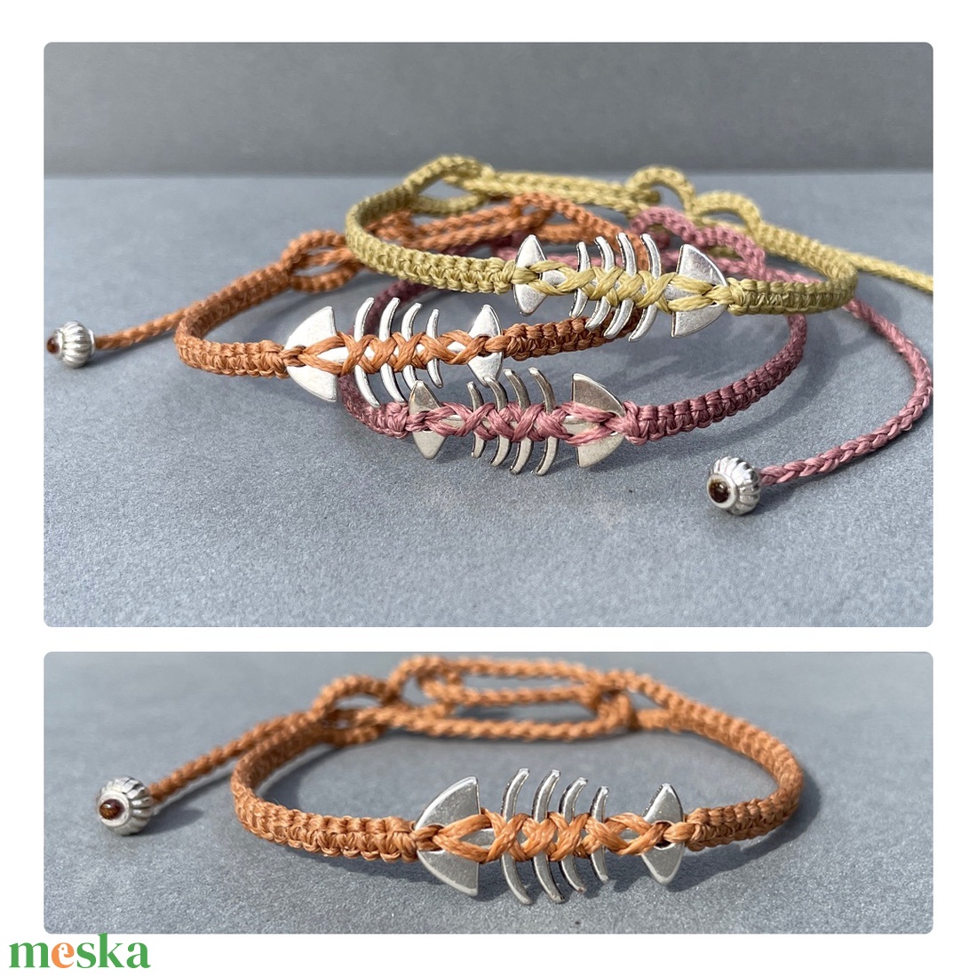 Fishbone natúrbarna mikromakramé karkötő - ékszer - karkötő - karkötő medállal - Meska.hu