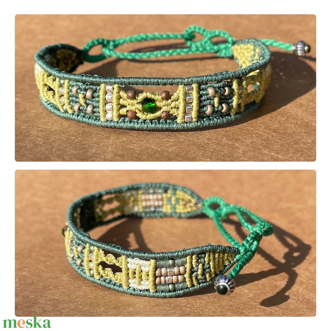 Gyöngymozaik mikromakramé karkötő - ékszer - karkötő - karkötő medállal - Meska.hu