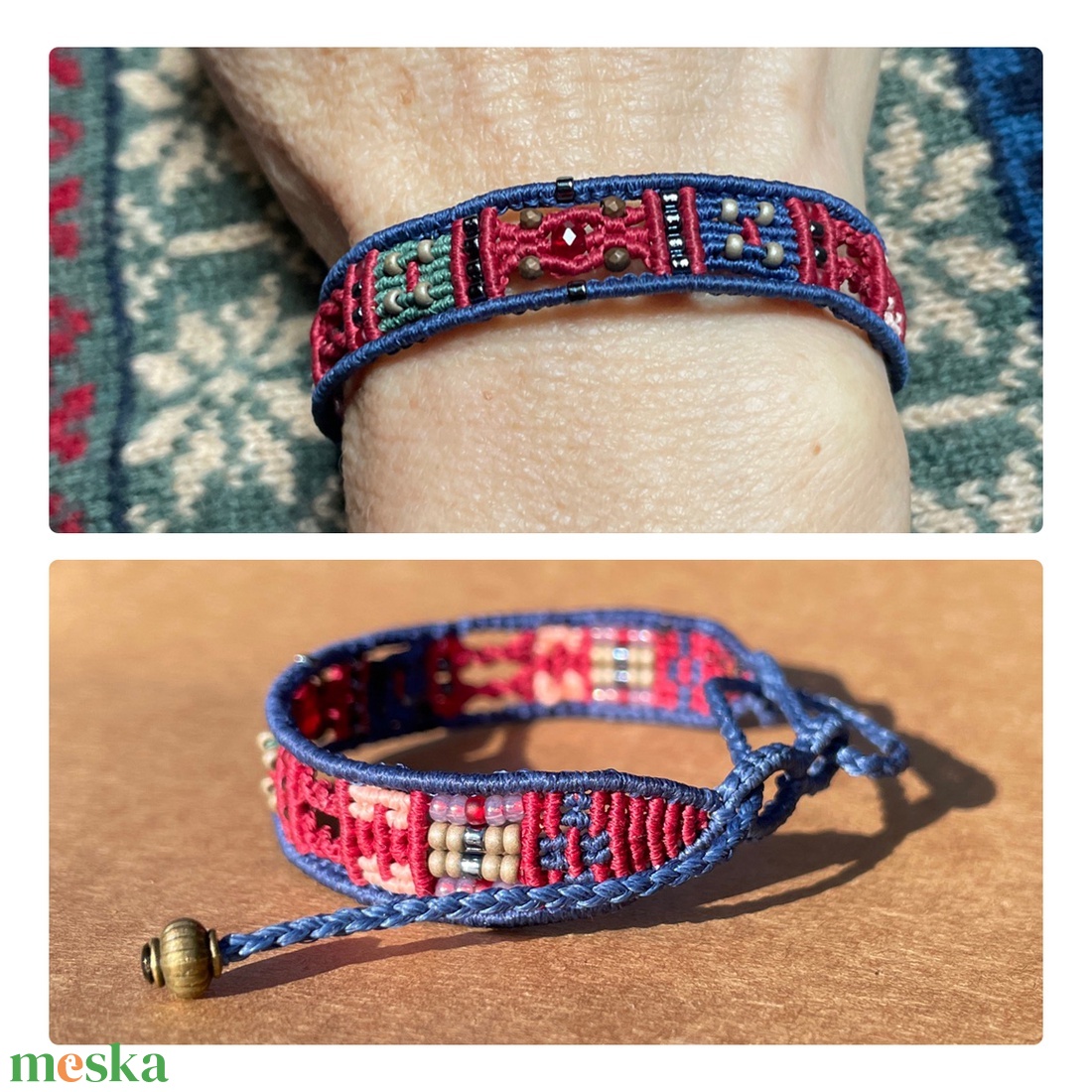 Gyöngymozaik mikromakramé karkötő - ékszer - karkötő - karkötő medállal - Meska.hu