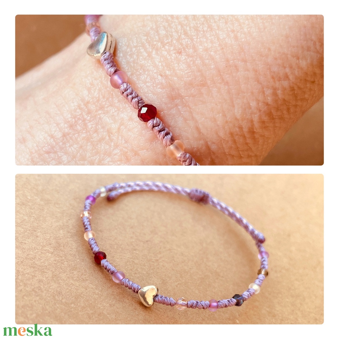 Szív gyöngyös csomózott karkötő - ékszer - karkötő - karkötő medállal - Meska.hu