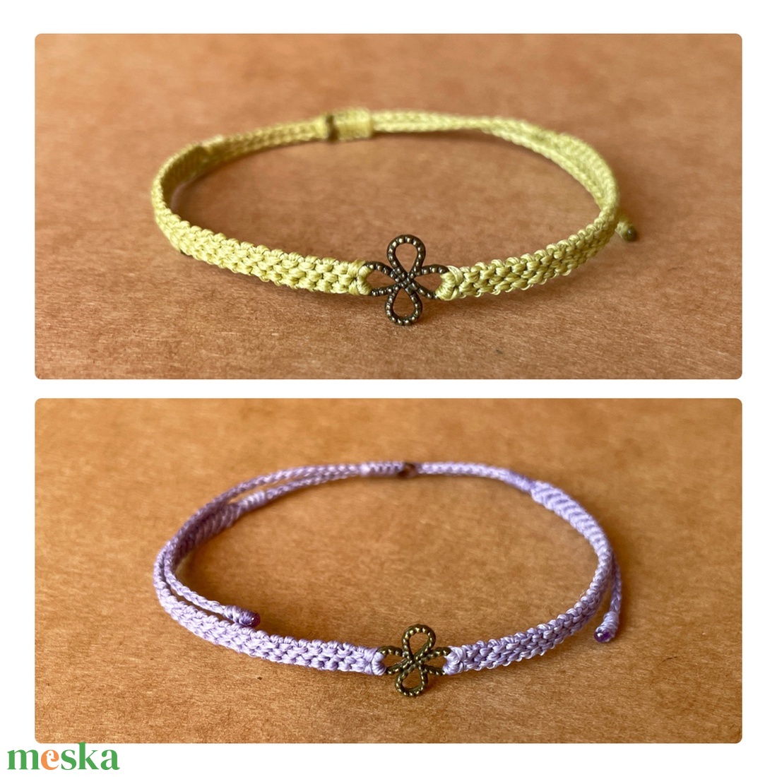 Apró rézvirágos makramé karkötő - ékszer - karkötő - karkötő medállal - Meska.hu