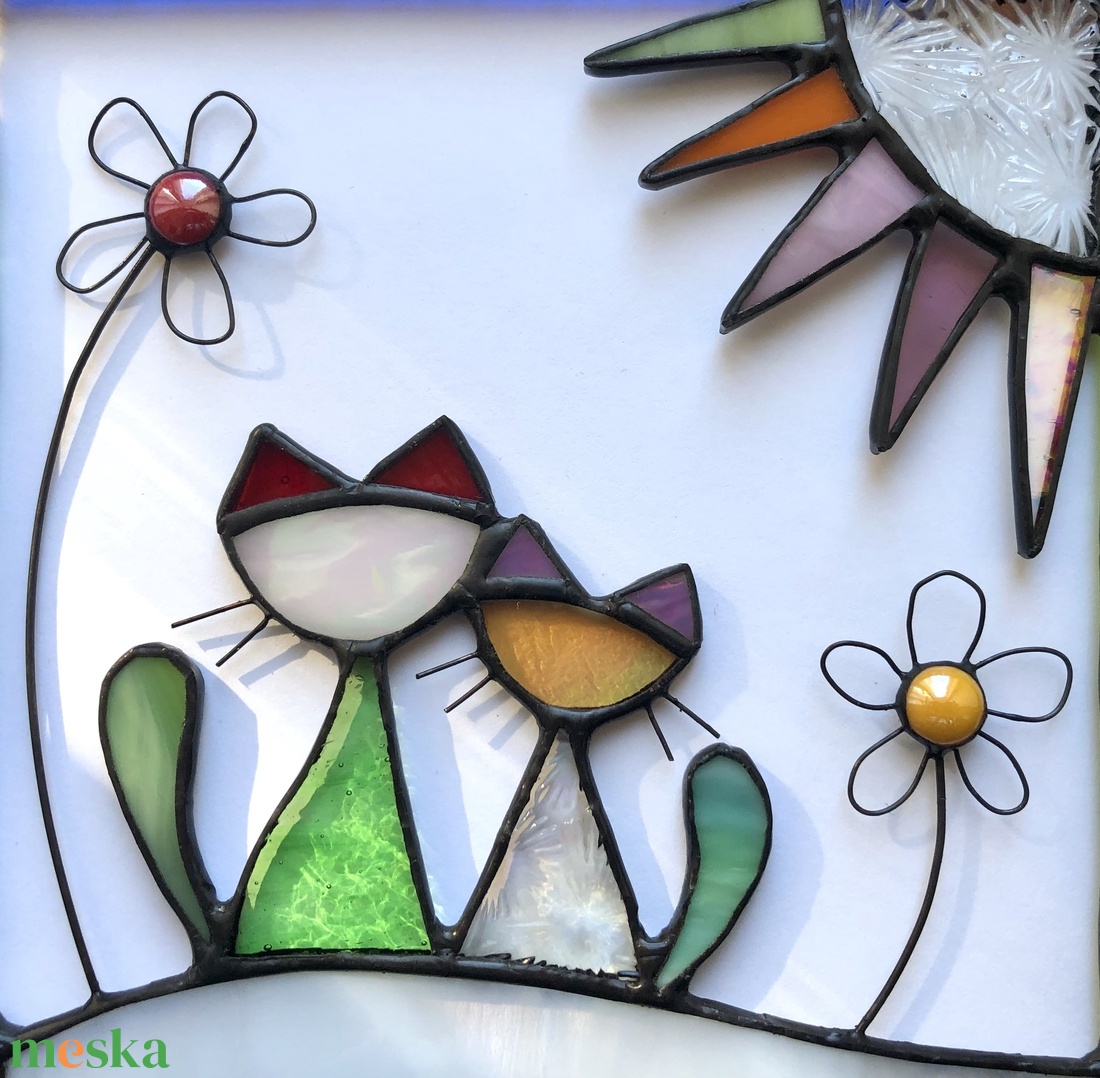 Szerelmes macskapár - színes ólomüveg falikép - otthon & lakás - dekoráció - kép & falikép - üvegkép - Meska.hu