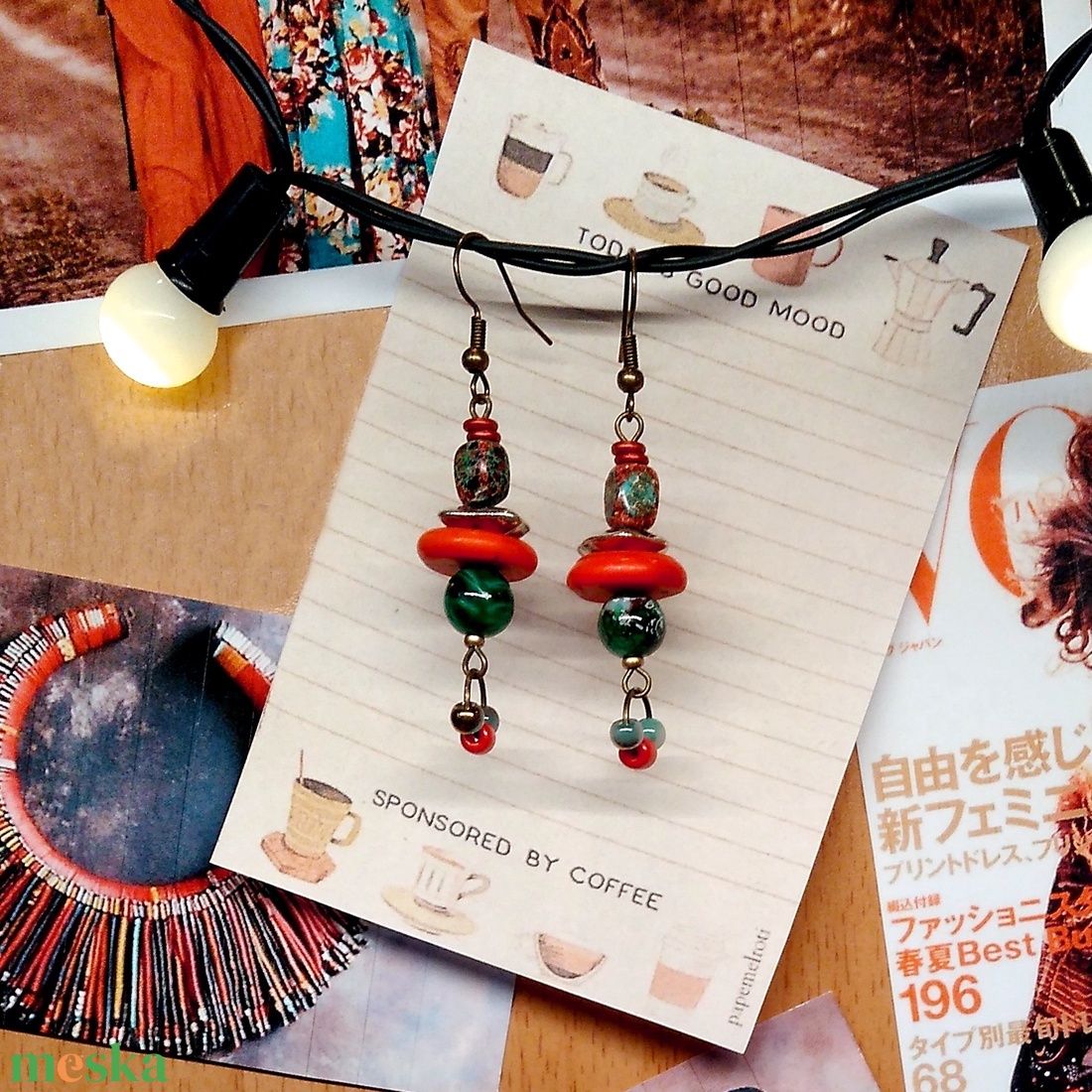 Frida's Red and Green fülbevaló  - ékszer - fülbevaló - lógó fülbevaló - Meska.hu