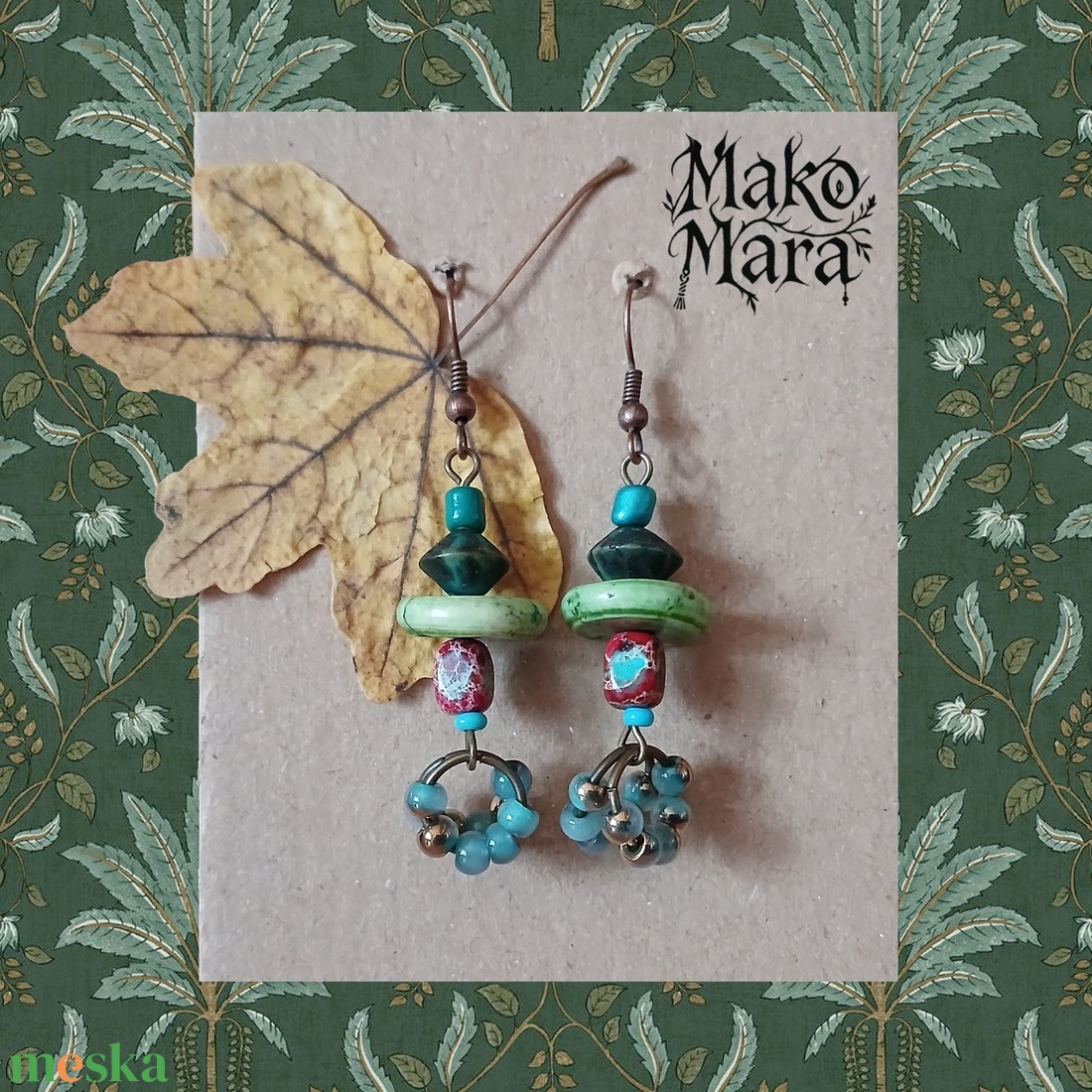 Frida's Green and Blue fülbevaló  - ékszer - fülbevaló - lógó fülbevaló - Meska.hu