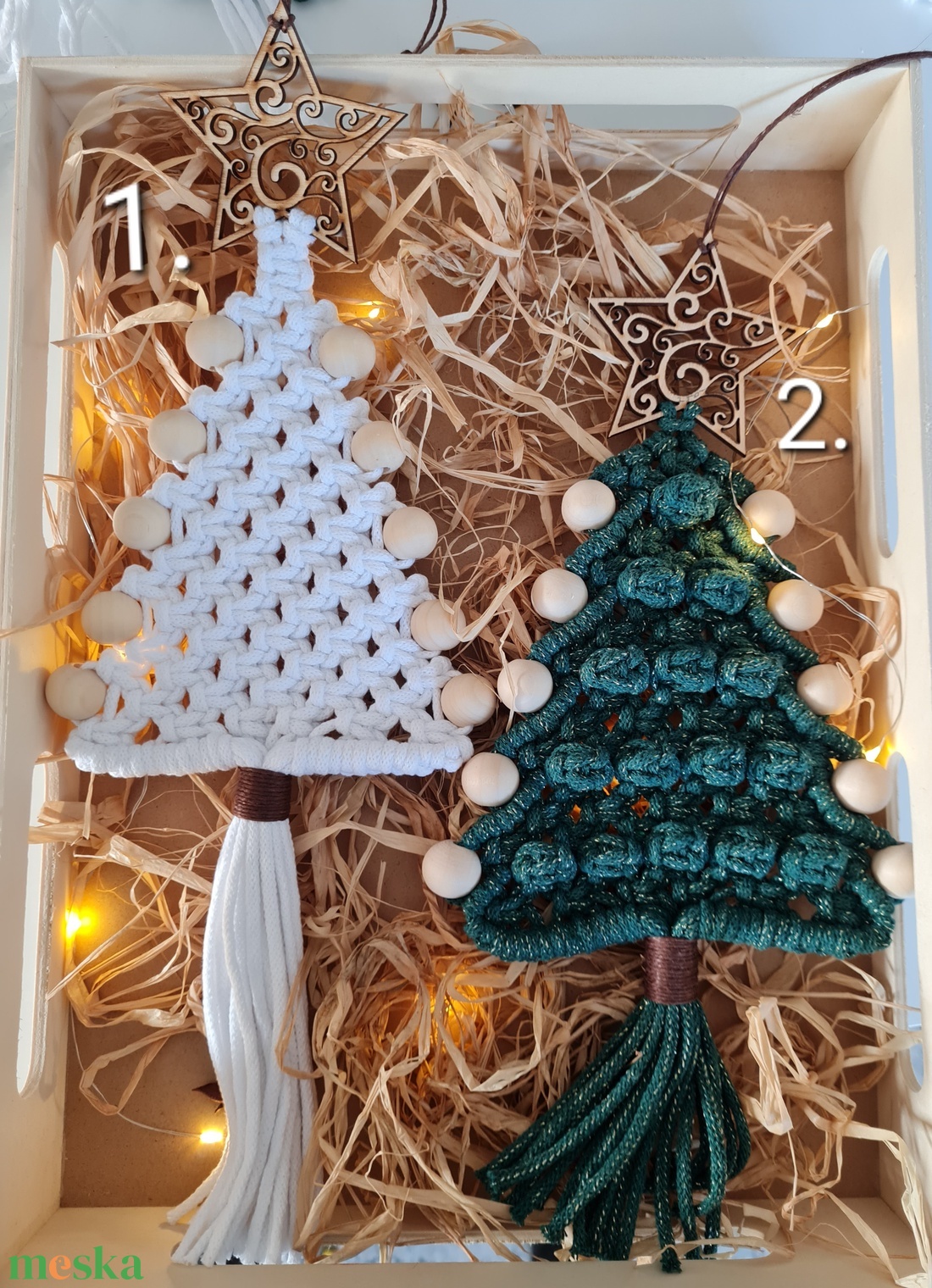 Makramé csillagos karácsonyfa díszek - karácsony - karácsonyi lakásdekoráció - karácsonyfadíszek - Meska.hu