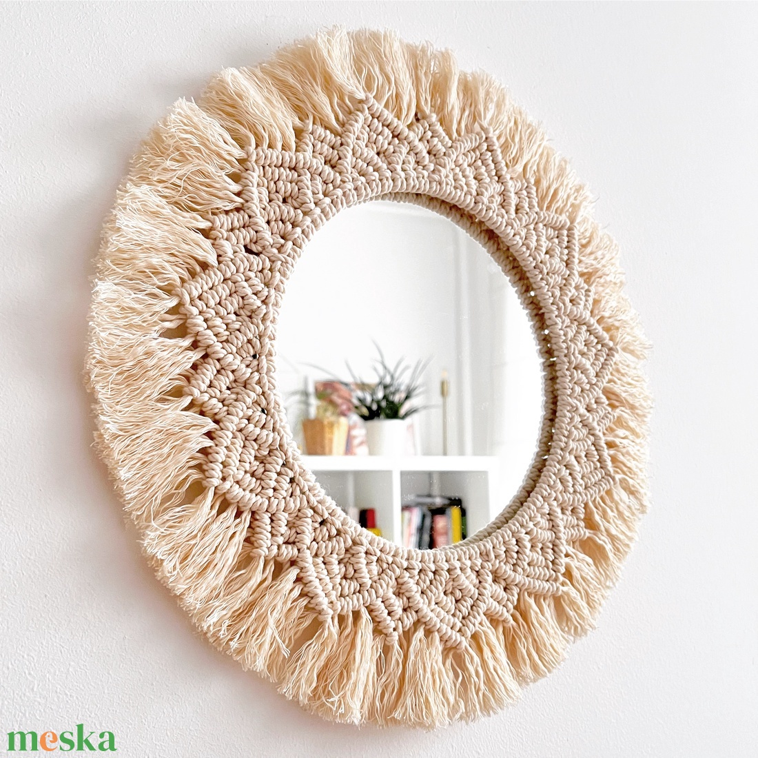 Bohém makramé mandala tükör - kör alakú, falra akasztható dekoráció - otthon & lakás - dekoráció - tükör - Meska.hu