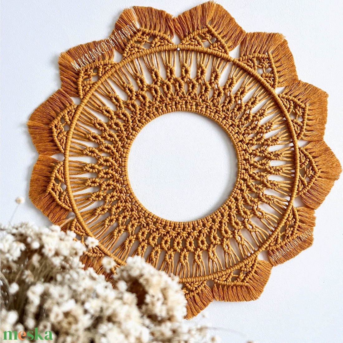 Sárga makramé mandala, felakasztható dekoráció - otthon & életmód - dekoráció - fali és függő dekoráció - falra akasztható dekor - Meska.hu