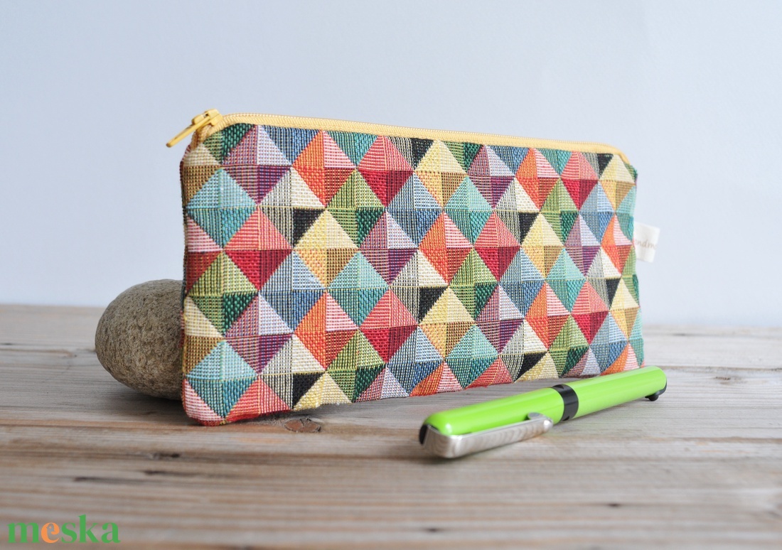 Geometrikus mintás szövet tolltartó, sárga mintás textil neszesszer, telefontok - táska & tok - neszesszer - Meska.hu