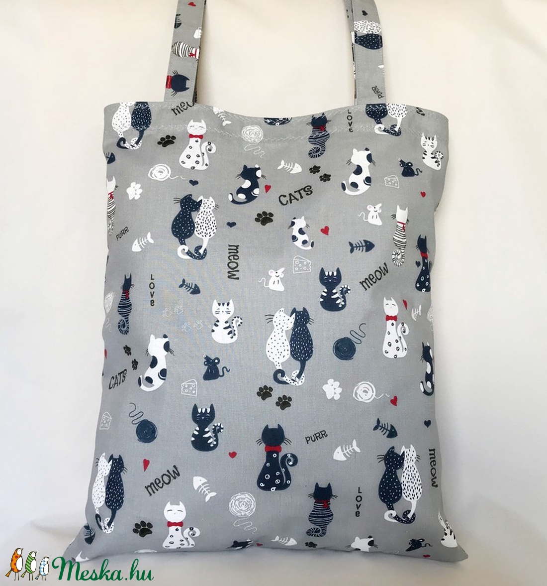 Szerelmes Cicák Szatyor Szürke - táska & tok - bevásárlás & shopper táska - shopper, textiltáska, szatyor - Meska.hu