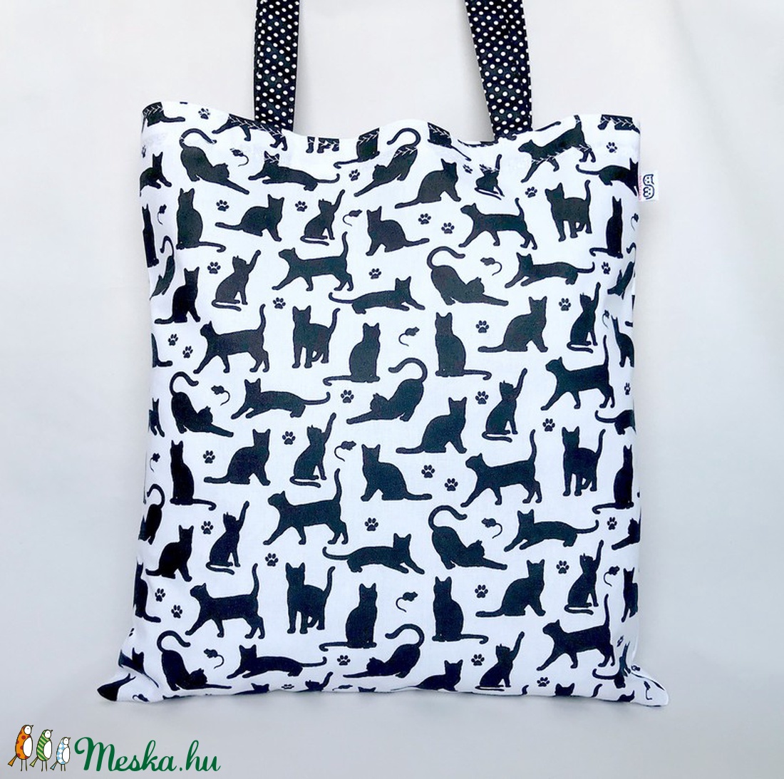 Kormi Apró Fekete Cicás Fehér Szatyor - táska & tok - bevásárlás & shopper táska - shopper, textiltáska, szatyor - Meska.hu